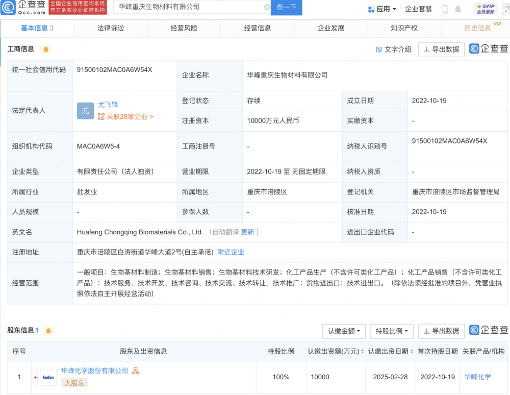 華峰化學于重慶新設生物材料子公司,注冊資本1億元